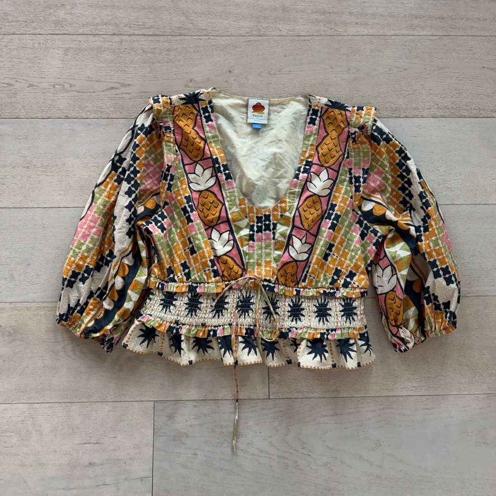 Farm Rio colorful fruit Floral Puff Sleeve Blouse Size XL - Picture 3 of 8